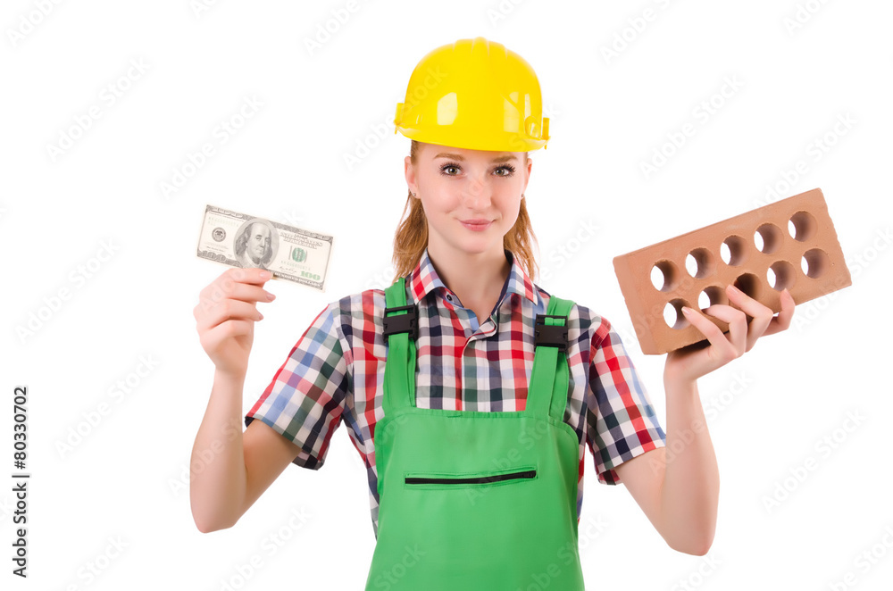 Female handyman in overalls isolated on white Female handyman in overalls isolated on white