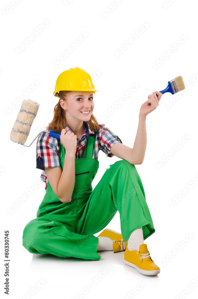 Female foreman with paint brush isolated on white Female foreman with paint brush isolated on white