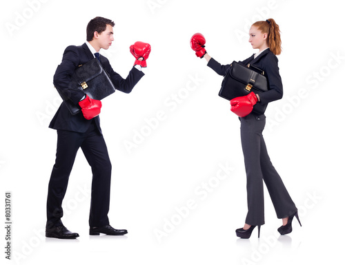 Two people boxing each other isolated on white