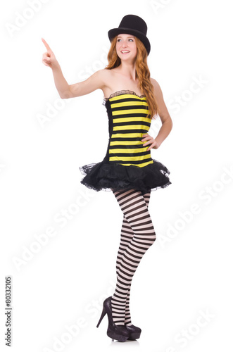 A girl in black and yellow striped dress isolated on white