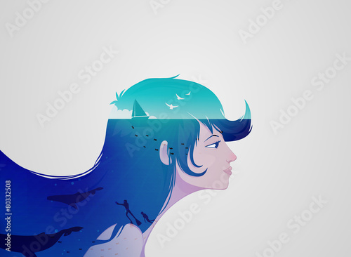 Double exposure girl: Underwater