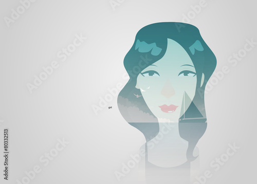 Double exposure girl: Sea background