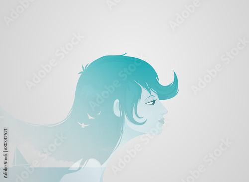 Double exposure girl: Sea background