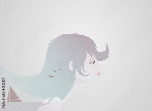 Double exposure girl: Sea background