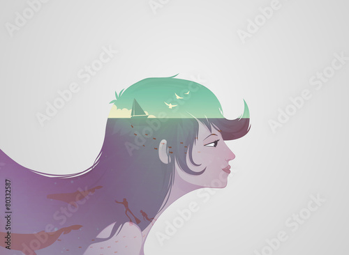 Double exposure girl: Underwater