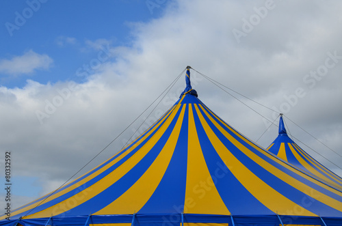 Blue and yellow circus big top tent