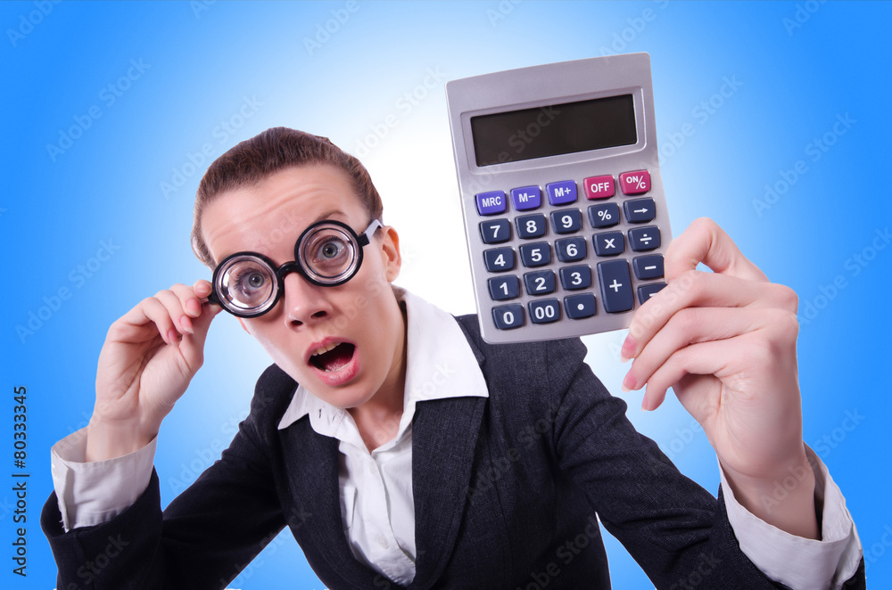 Nerd female accountant with calculator Nerd female accountant with calculator