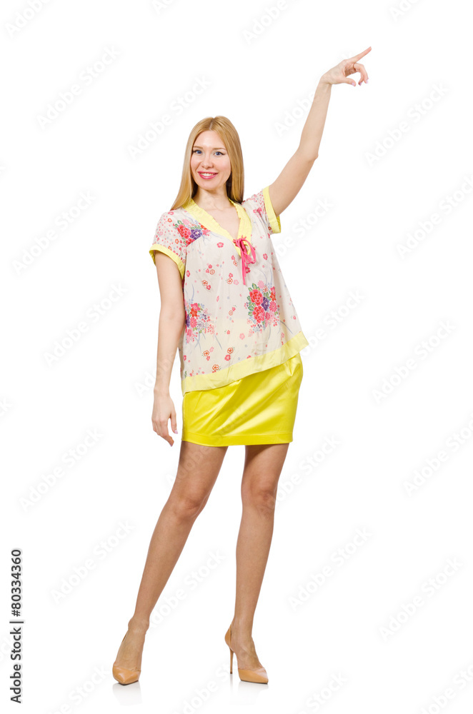 Woman pressing virtual button isolated on white Woman pressing virtual button isolated on white