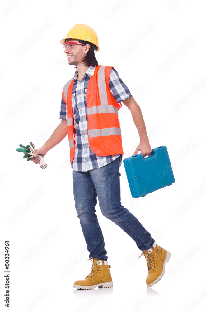 Construction worker with tool box isolated on white Construction worker with tool box isolated on white