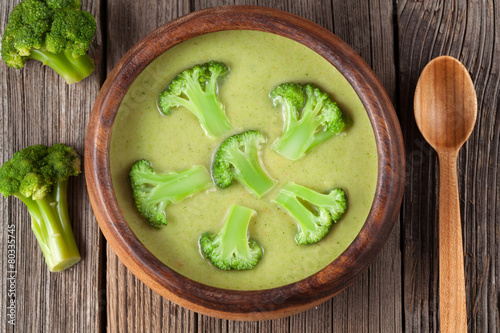 Green cream of broccoli soup vegetarian healthy dinner in bowl