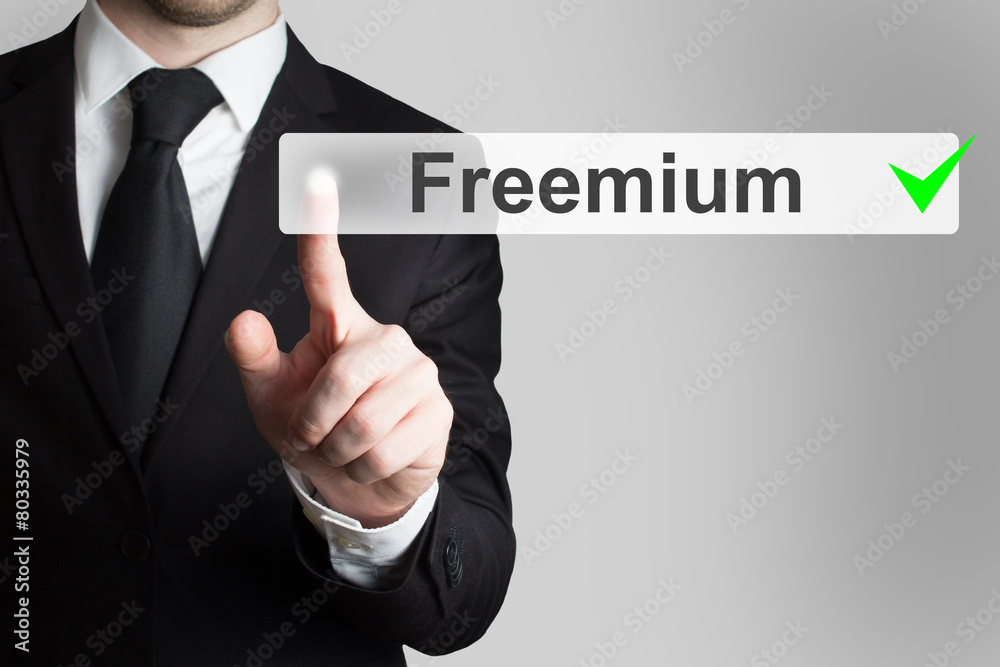businessman pushing flat button freemium green checked businessman pushing flat button freemium green checked
