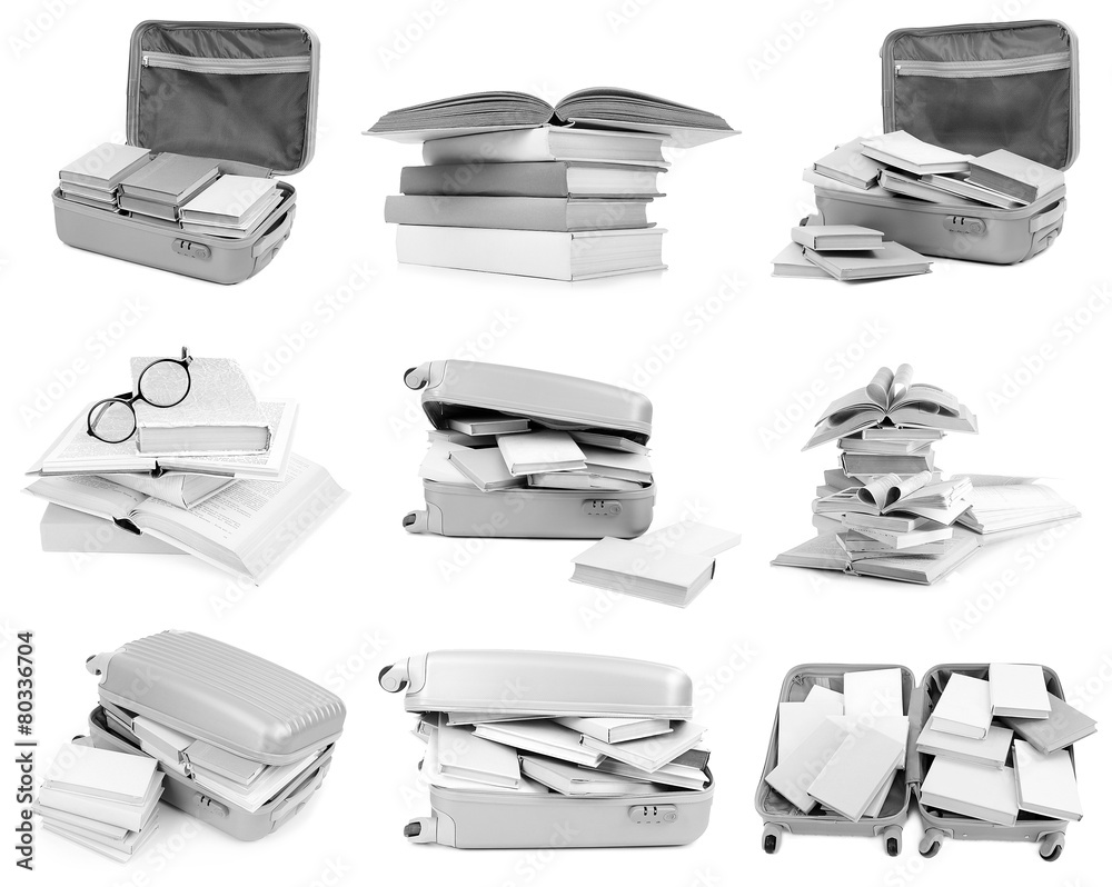 Different compositions with books isolated on white in collage Different compositions with books isolated on white in collage