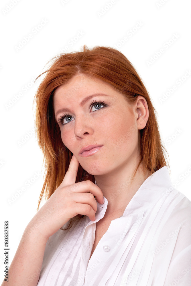Curious woman thinking when finger on chin Curious woman thinking when finger on chin