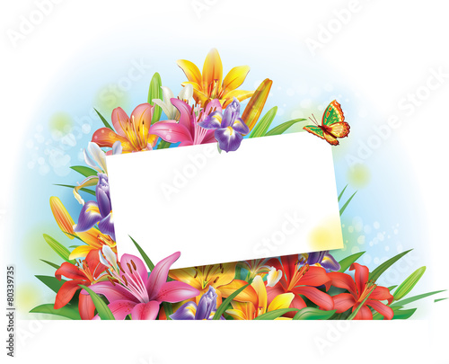 Fototapeta Naklejka Na Ścianę i Meble -  Arrangement of flowers with empty greeting card for text