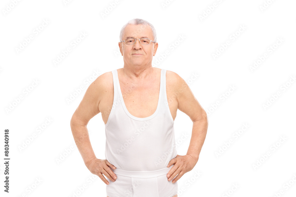 Senior smiling man in underwear posing Senior smiling man in underwear posing