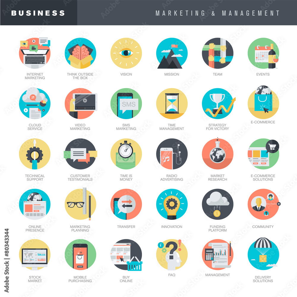 Set of flat design icons for marketing and management Set of flat design icons for marketing and management