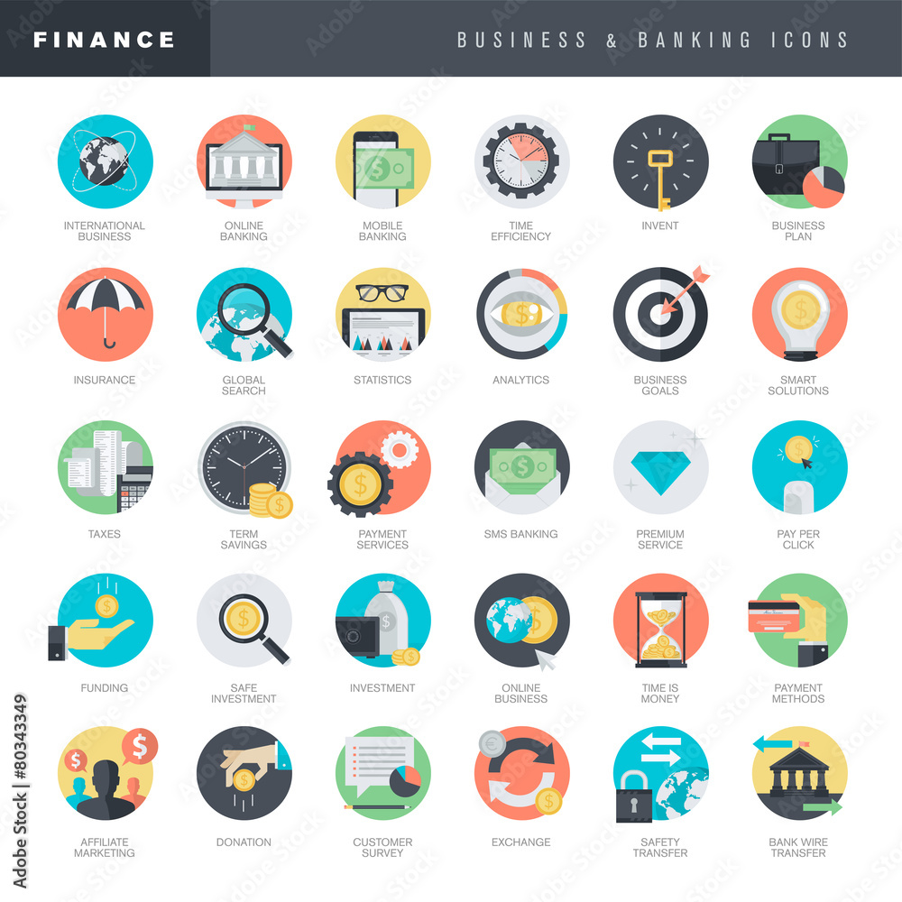 Set of flat design icons for business and banking Set of flat design icons for business and banking