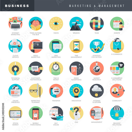 Set of flat design icons for marketing and management