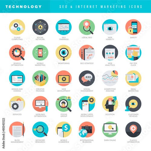 Set of flat design icons for SEO and internet marketing