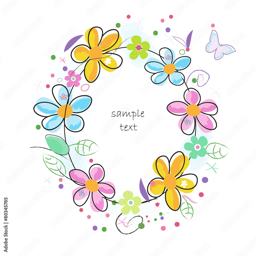 Colorful doodle spring flowers circle frame greeting card