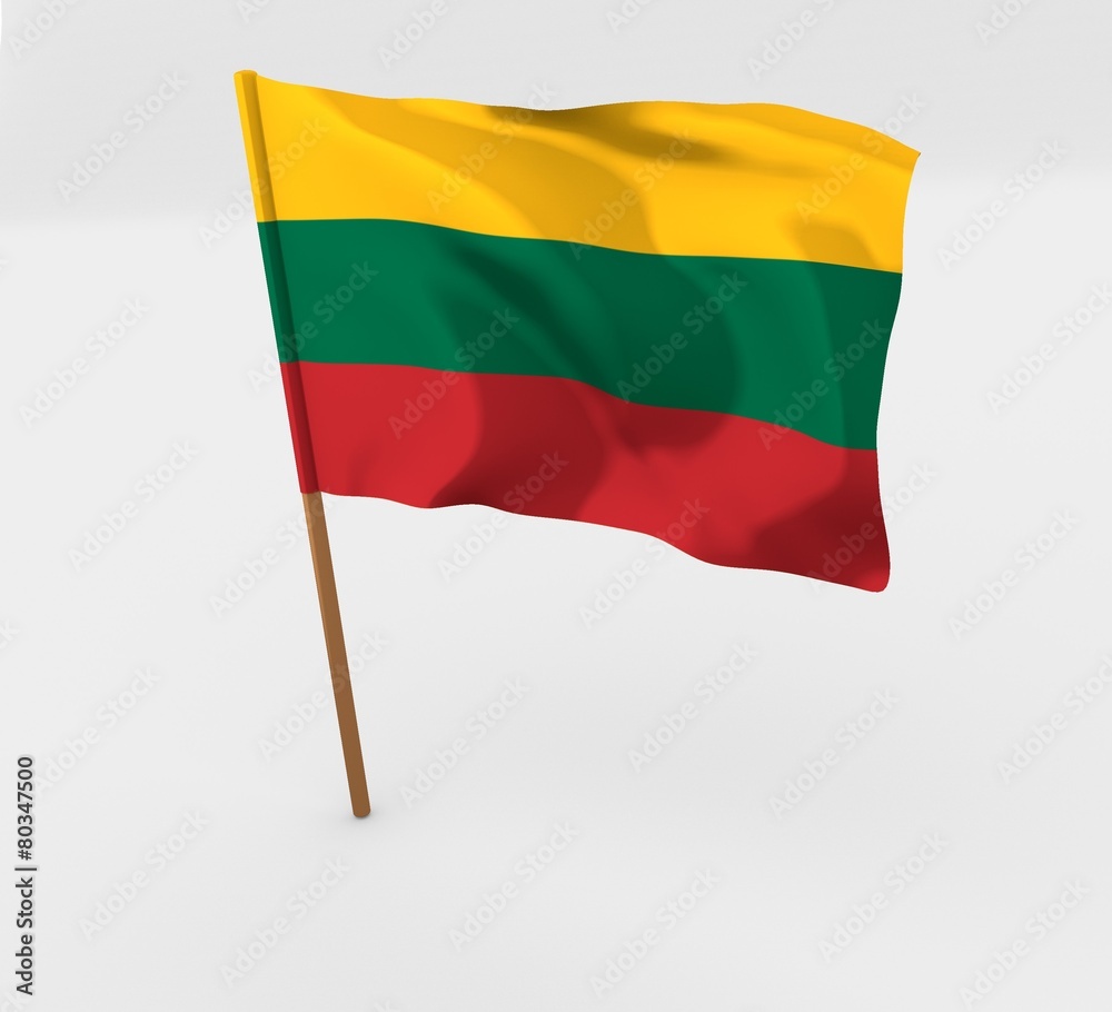 Lithuania isolated windy flag on a brown mast 3d illustration