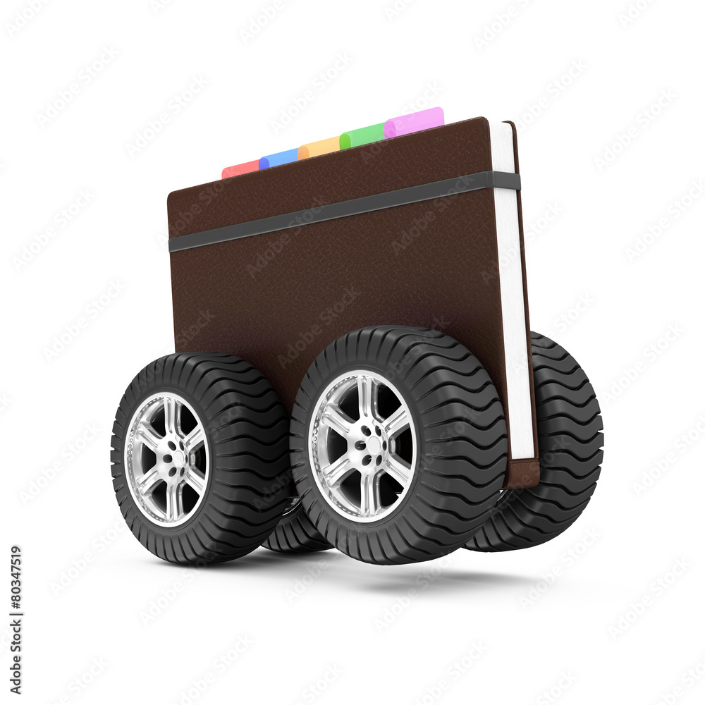 Naklejka premium Notebook with Brown Leather Cover on Wheels isolated on white background