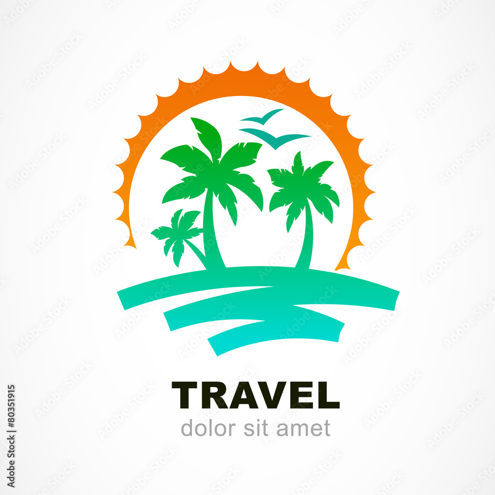Vector logo design template. Abstract sun and palm tree on seasi