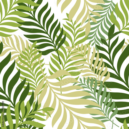 Green palm tree leaves. Vector seamless pattern. Nature organic