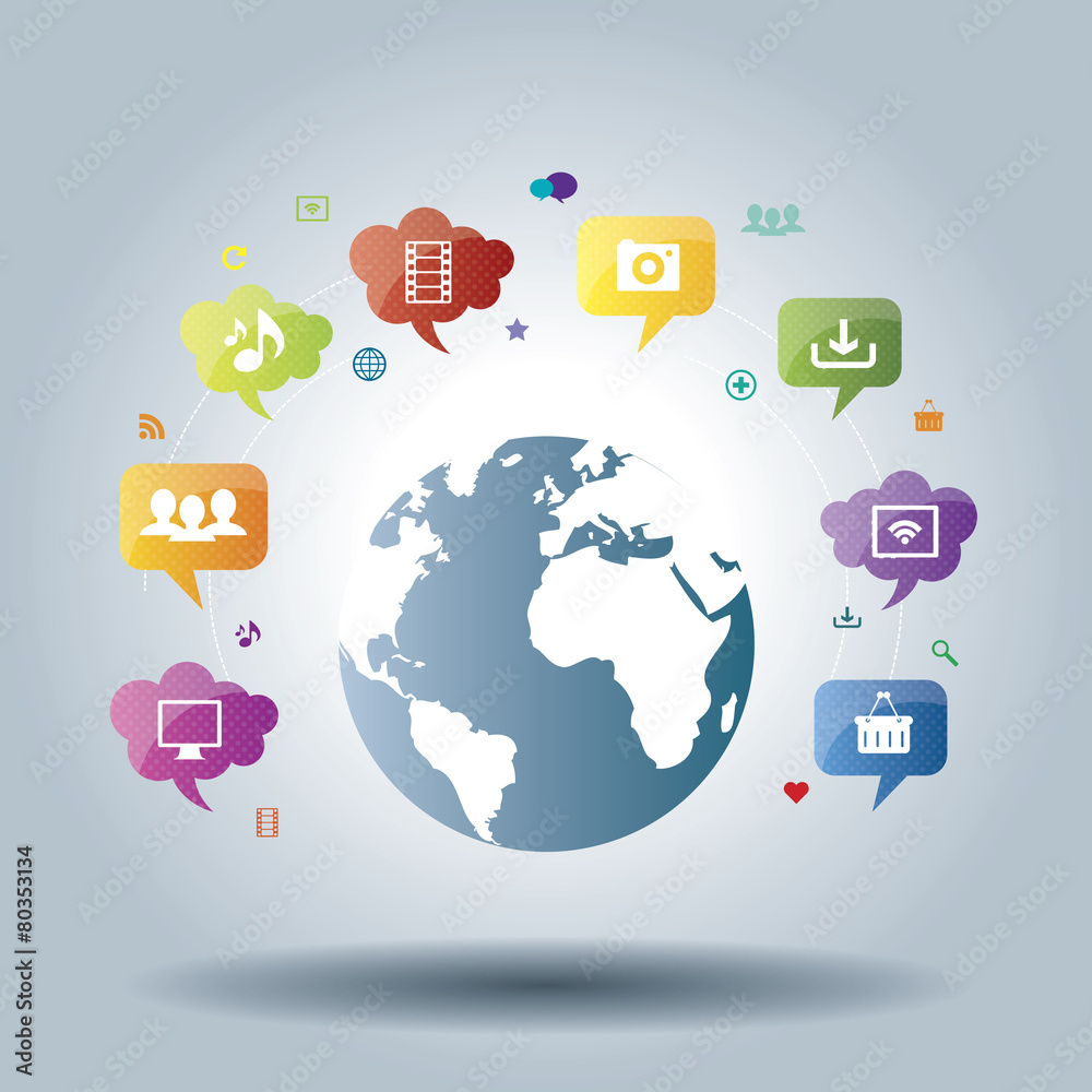globe with world map and speech bubbles with icons globe with world map and speech bubbles with icons