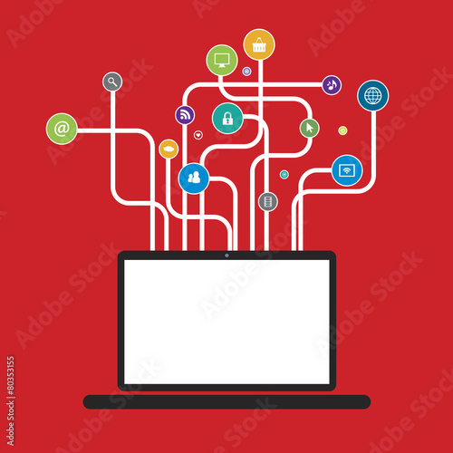 Laptop with lines shaped trees with social icons media