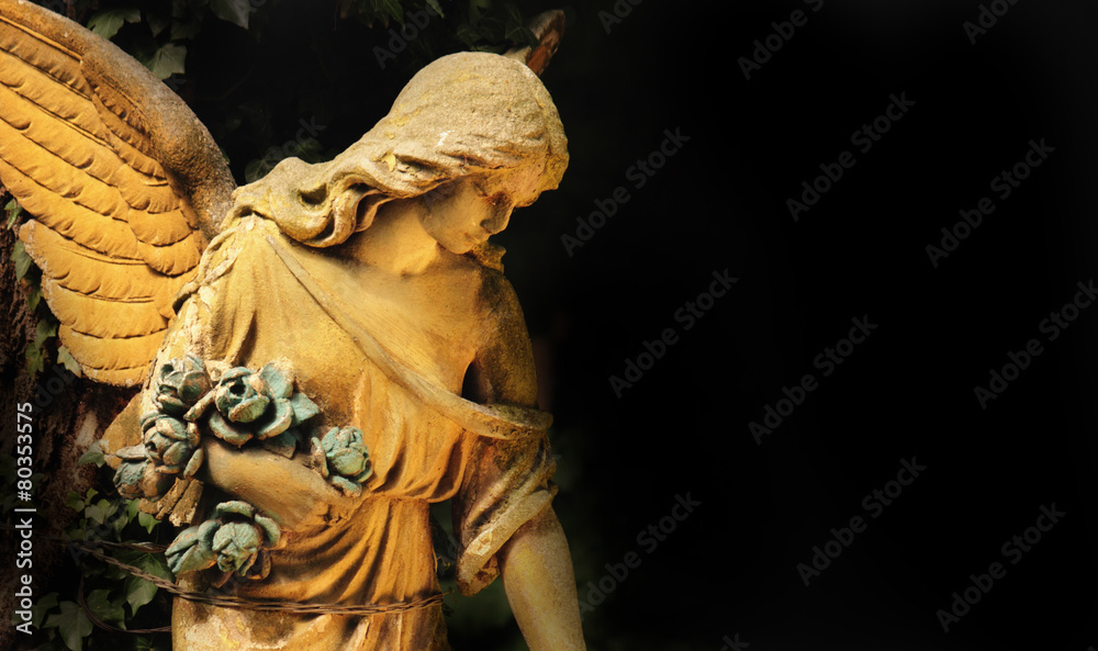 golden angel in the sunlight (antique statue) - obrazy, fototapety, plakaty 