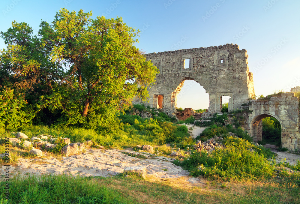 Old citadel ruins on sky background. Mangup Kale, Crimea