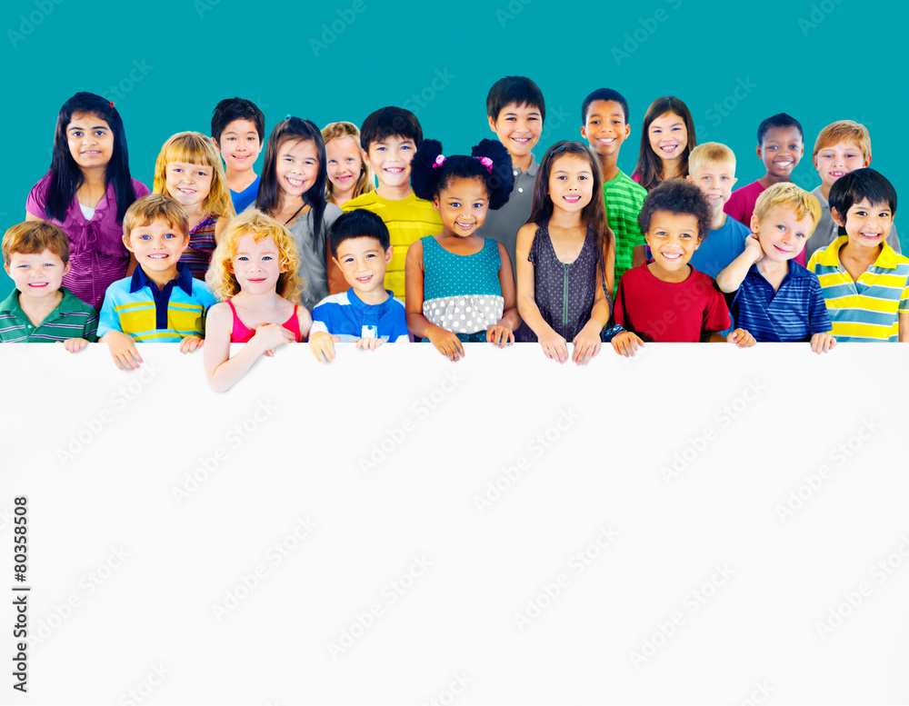 Multi-Ethnic Group of Children Holding Billboard Concept Multi-Ethnic Group of Children Holding Billboard Concept
