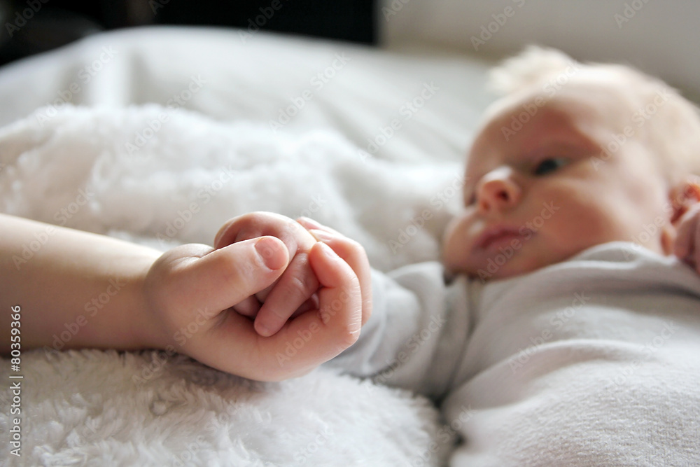  Baby and Brother Lovingly Holding Little Hands