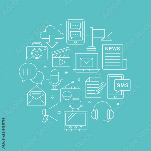 Media electronic line icon circle set