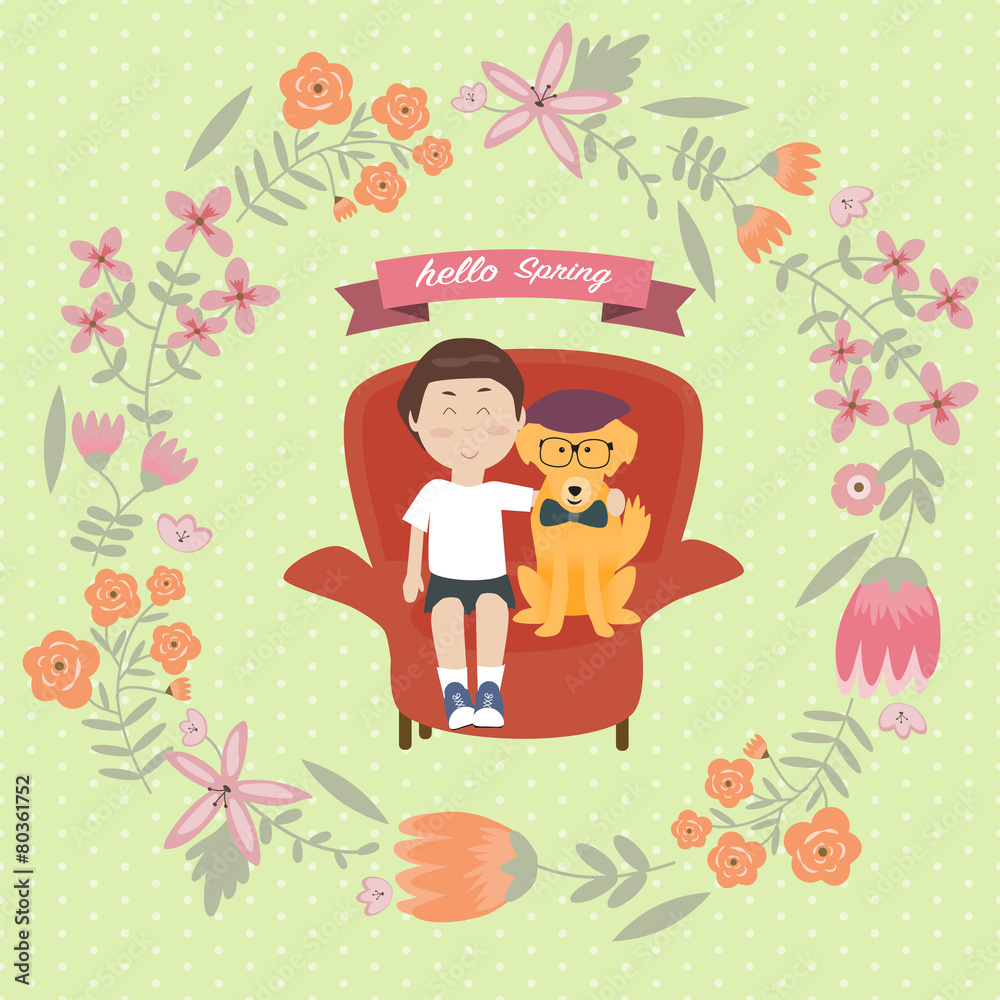 Naklejka premium Kid with golden retriever dog on the sofa