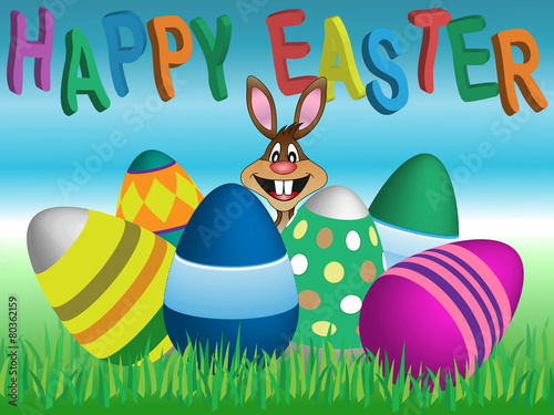 Easter Bunny Says Happy Easter With Eggs In Grass