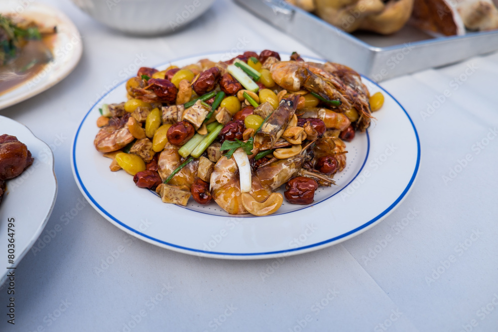 Stir fried Shrimp with cashew nuts, monkey apple, Ginko and Taro