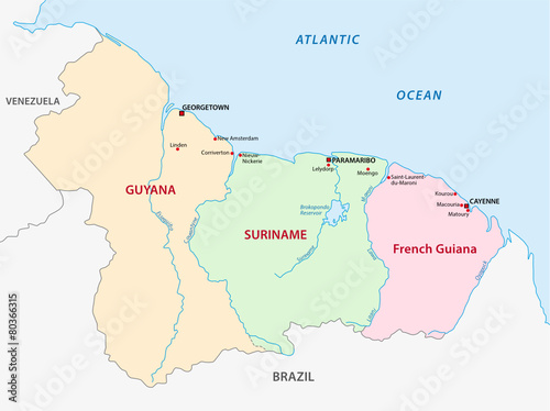 guyana, suriname, french guiana map photo