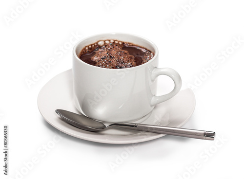 isolated white cup of hot chocolate with spoon.