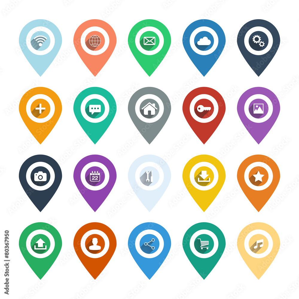 Pointers and markers for map and plan with web icons. Pointers and markers for map and plan with web icons.