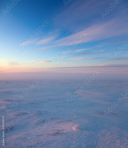 Short winter day in tundra  top view