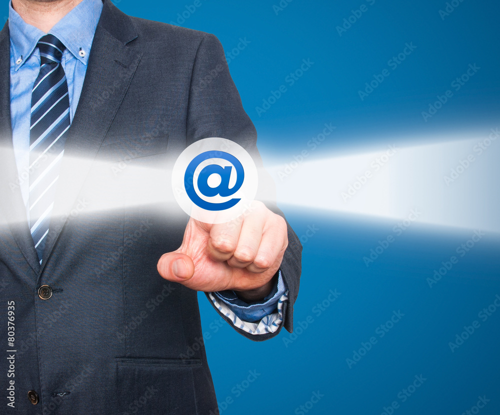 Businessman pressing mail button on visual screen. Businessman pressing mail button on visual screen.