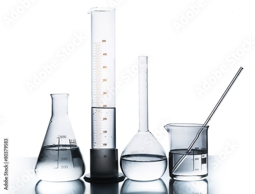 Lab. Laboratory glassware over reflective surface with white
