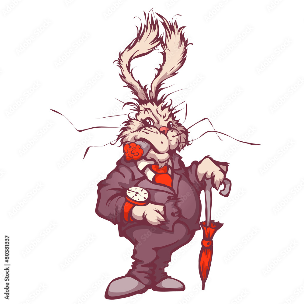 Vector illustration of white rabbit with clock