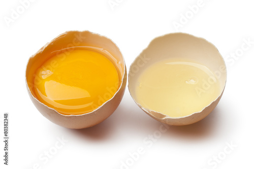 Egg yolk and white in a broken egg shell