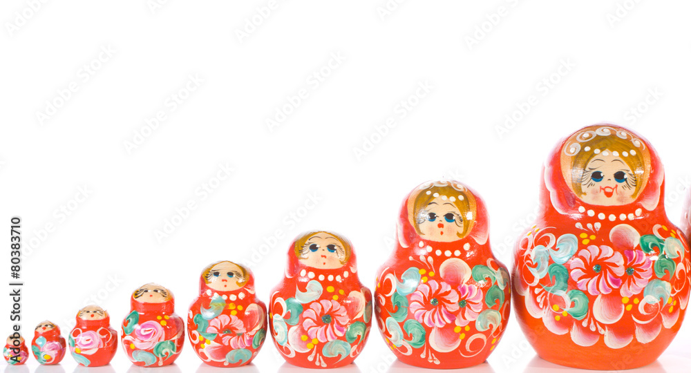 Russian souvenir Matryoshka toy dolls white background