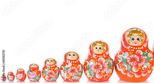 Photo Russian souvenir Matryoshka toy dolls white background