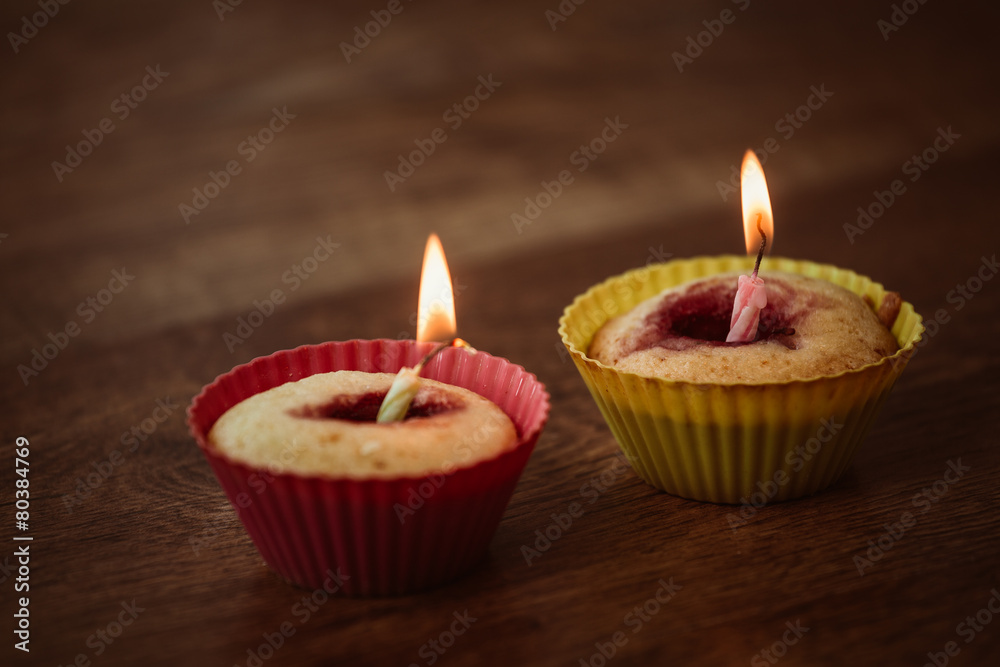 Birthday Banana muffin on wooden background Birthday Banana muffin on wooden background