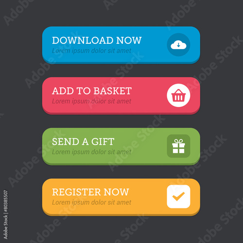 Web button set in four colours with icons.